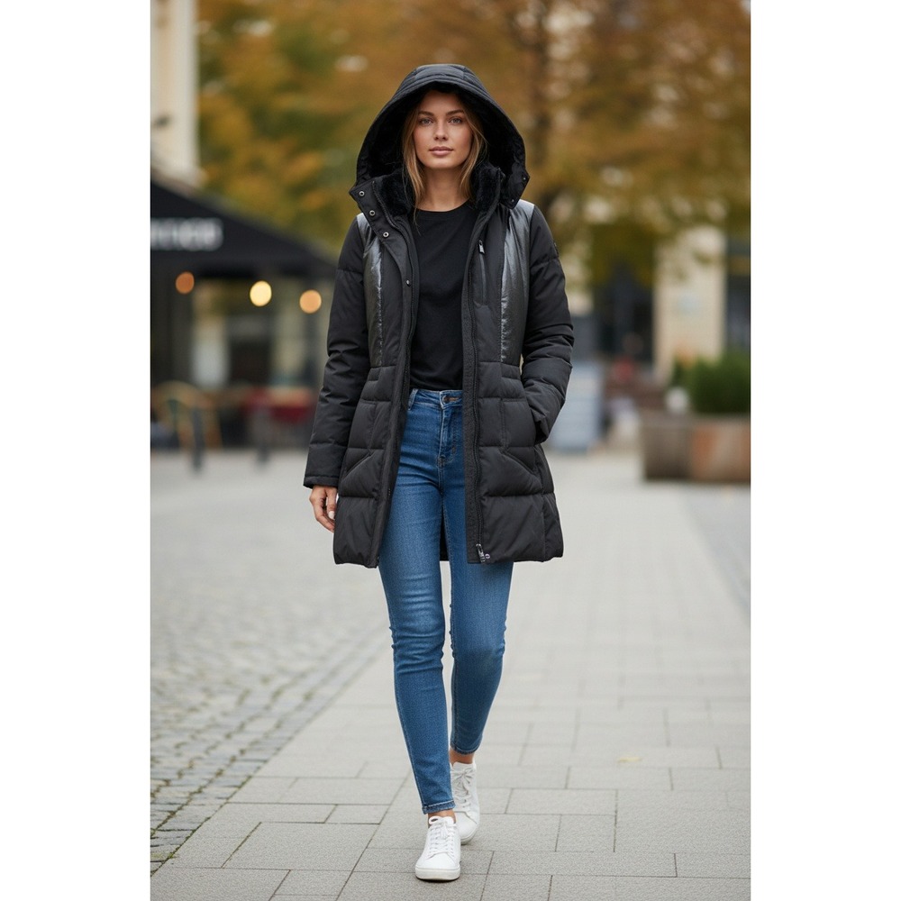 7 For All Mankind Long Puffer Hooded Mixed Media Coat Black‎ Minimalist  Small